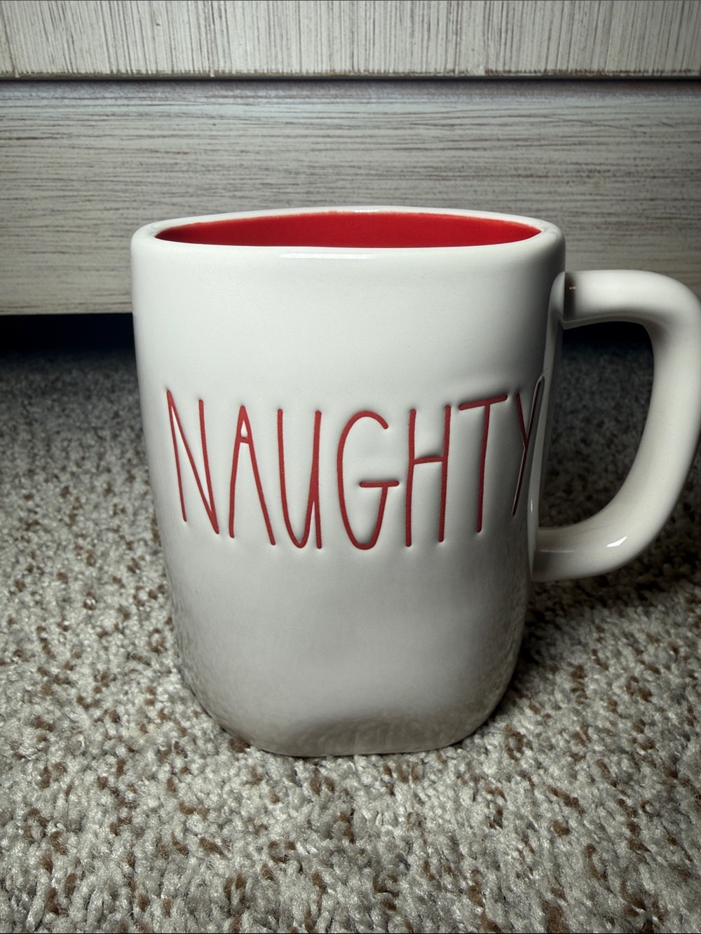 Rae Dunn "NAUGHTY / NICE" Mug Artisan Collection By Magenta White Red Interior